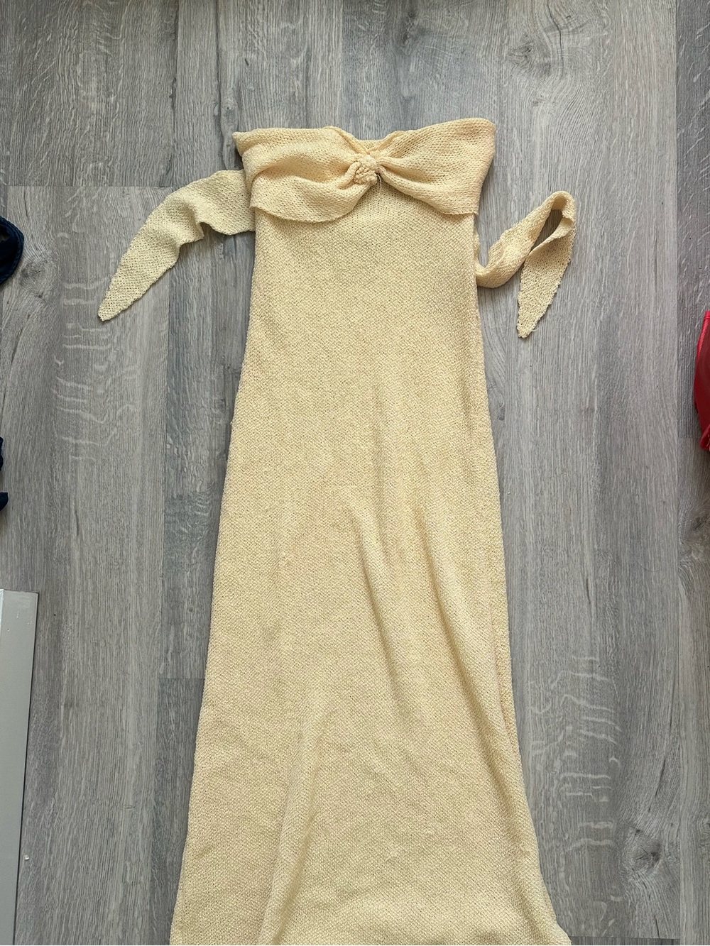 Beginning Boutique Cream Strapless Knit Maxi with Tie Detail | Butter Yellow